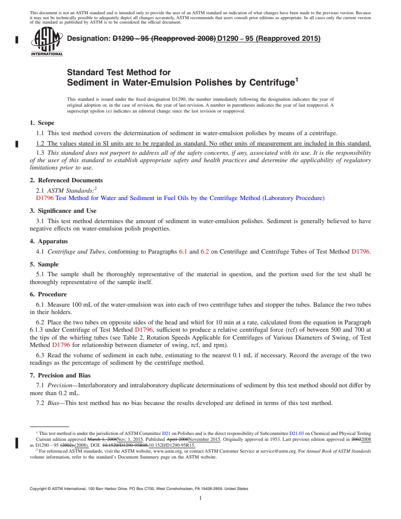 REDLINE ASTM D1290-95(2015) - Standard Test Method for  Sediment in Water-Emulsion Polishes by Centrifuge