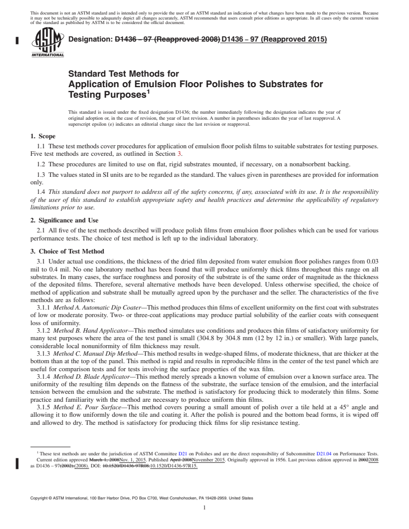 REDLINE ASTM D1436-97(2015) - Standard Test Methods for  Application of Emulsion Floor Polishes to Substrates for Testing  Purposes