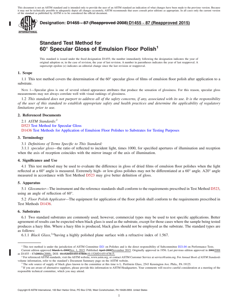 REDLINE ASTM D1455-87(2015) - Standard Test Method for  60&#xb0; Specular Gloss of Emulsion Floor Polish