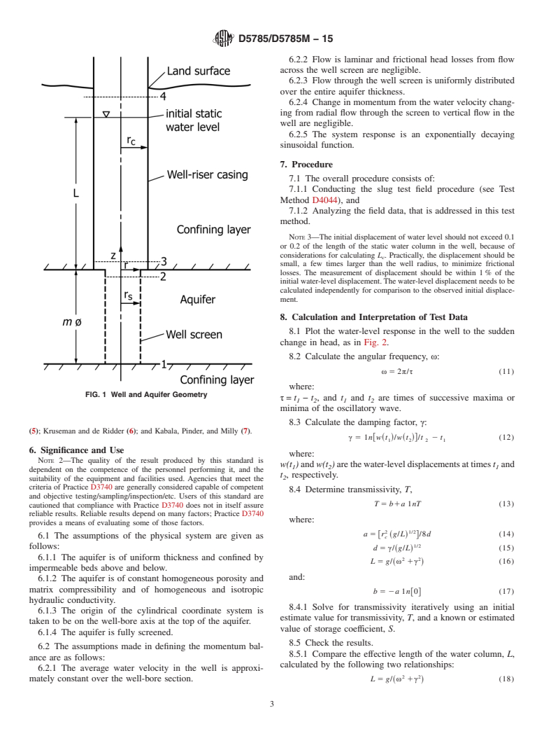 ASTM D5785/D5785M-15 - Standard Test Method for  (Analytical Procedure) for Determining Transmissivity of Confined  Nonleaky Aquifers by Underdamped Well Response to Instantaneous Change  in Head (Slug Test)