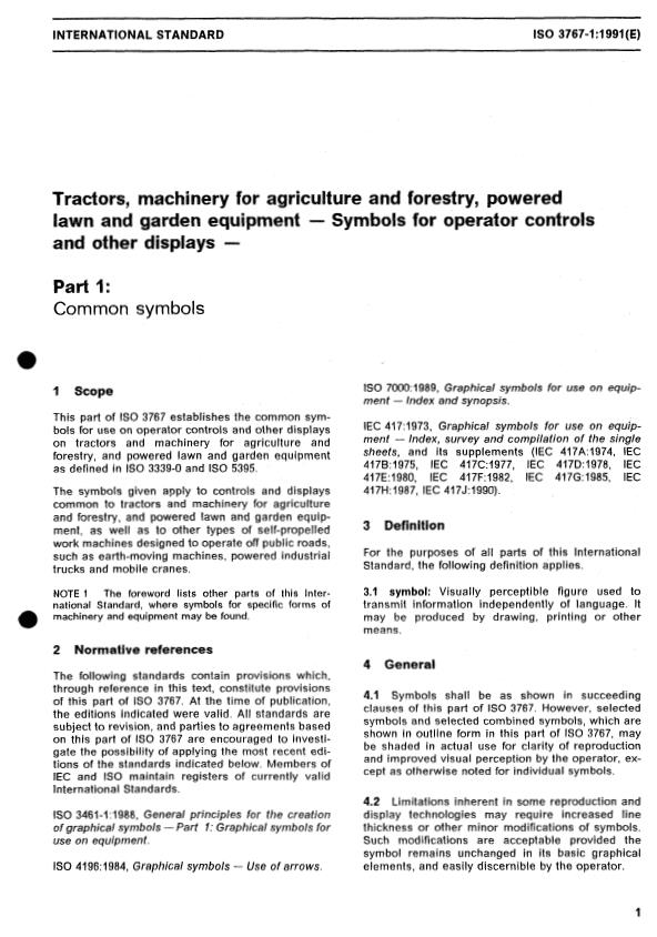 ISO 3767-1:1991 - Tractors, machinery for agriculture and forestry, powered lawn and garden equipment -- Symbols for operator controls and other displays