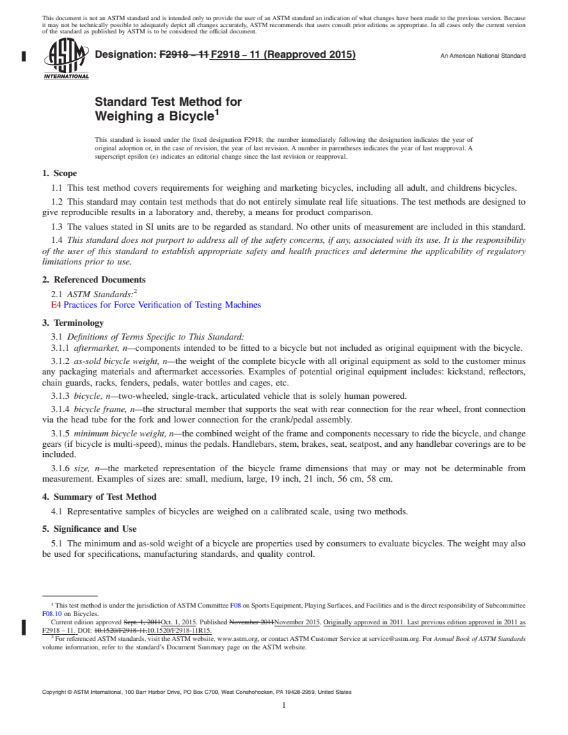 REDLINE ASTM F2918-11(2015) - Standard Test Method for Weighing a Bicycle