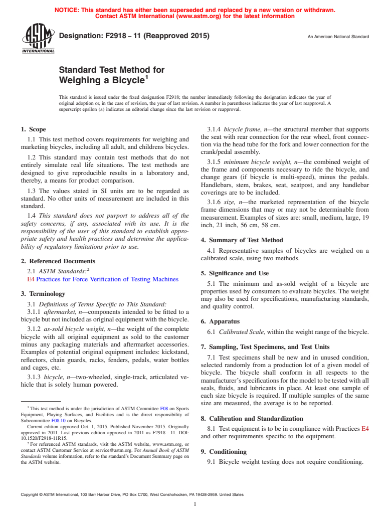 ASTM F2918-11(2015) - Standard Test Method for Weighing a Bicycle