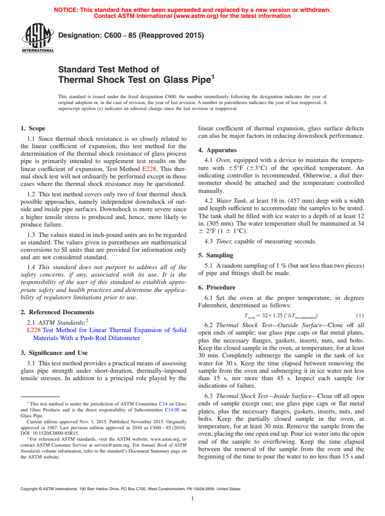 ASTM C600-85(2015) - Standard Test Method of  Thermal Shock Test on Glass Pipe (Withdrawn 2019)