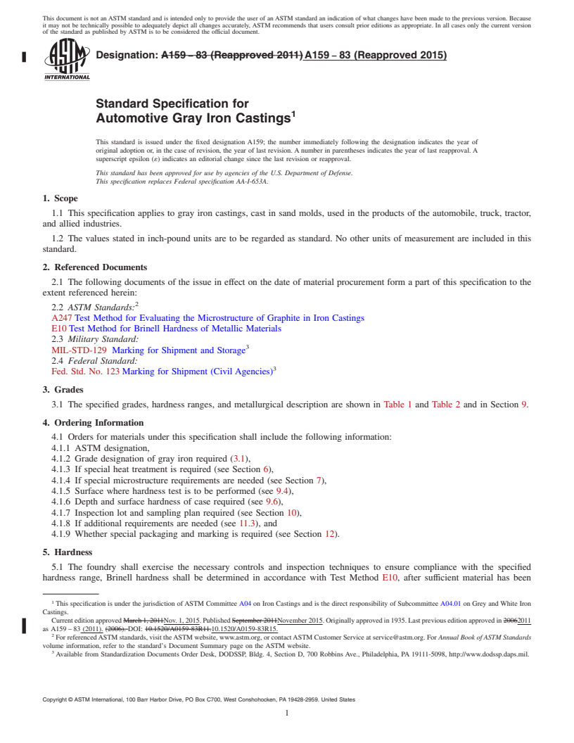 REDLINE ASTM A159-83(2015) - Standard Specification for  Automotive Gray Iron Castings