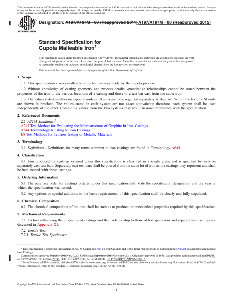 REDLINE ASTM A197/A197M-00(2015) - Standard Specification for  Cupola Malleable Iron