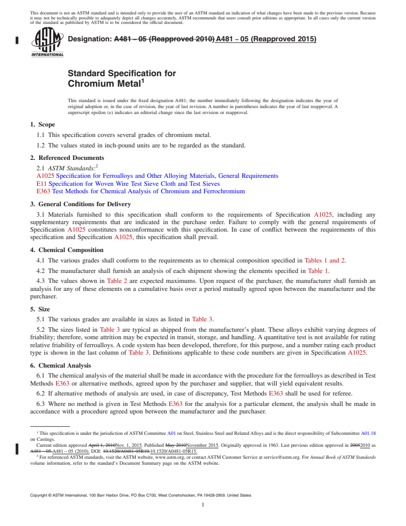 REDLINE ASTM A481-05(2015) - Standard Specification for  Chromium Metal