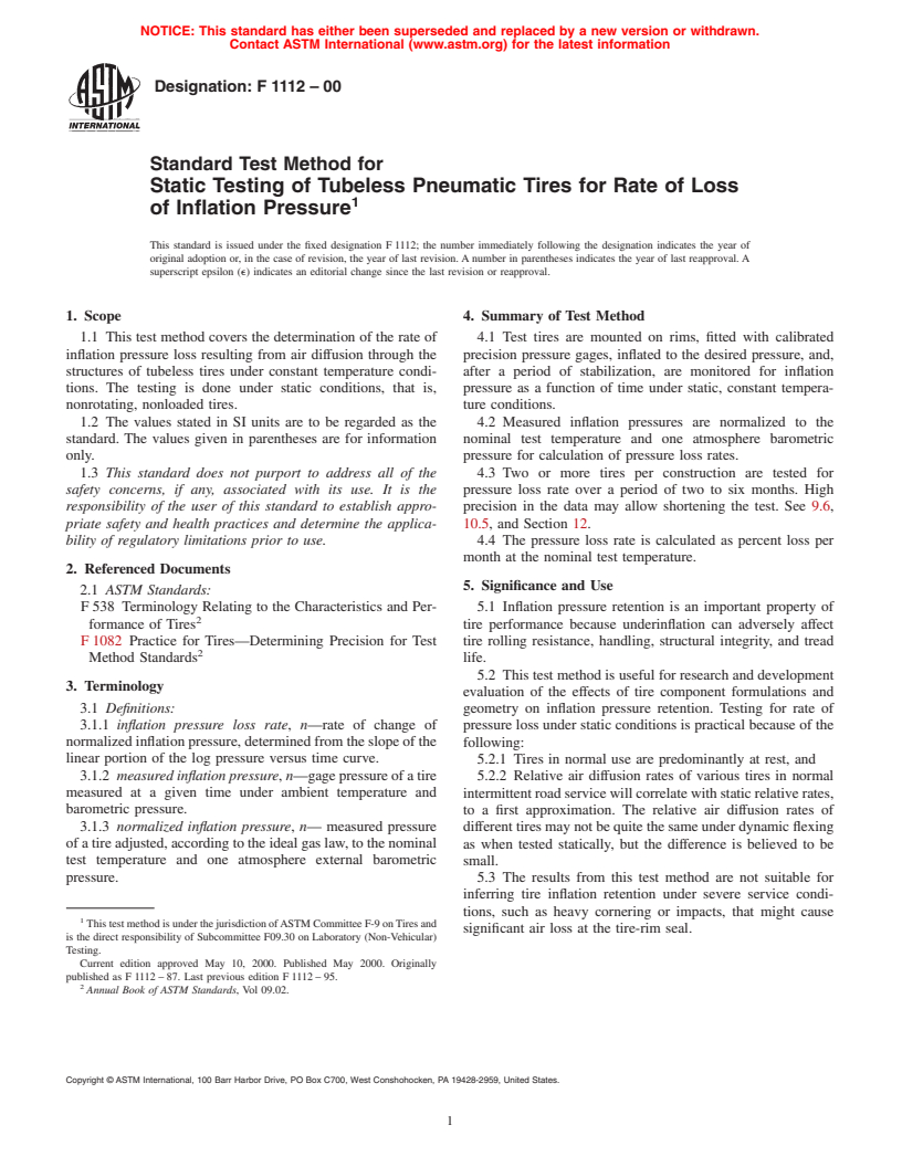 ASTM F1112-00 - Standard Test Method for Static Testing of Tubeless Pneumatic Tires for Rate of Loss of Inflation Pressure