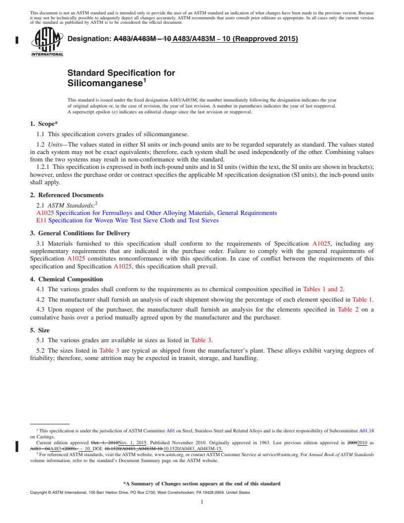 REDLINE ASTM A483/A483M-10(2015) - Standard Specification for  Silicomanganese