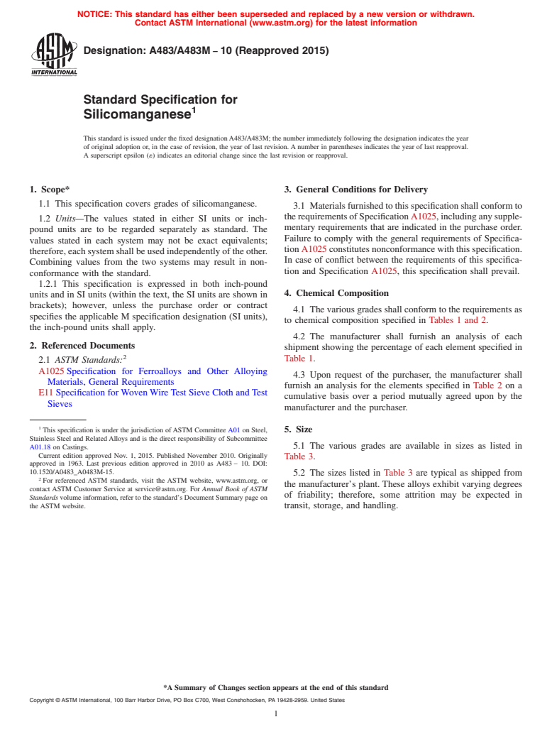 ASTM A483/A483M-10(2015) - Standard Specification for  Silicomanganese