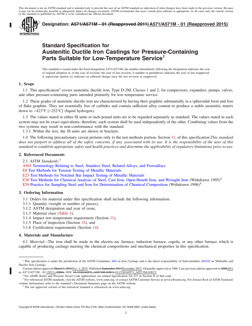 REDLINE ASTM A571/A571M-01(2015) - Standard Specification for  Austenitic Ductile Iron Castings for Pressure-Containing Parts   Suitable for Low-Temperature Service