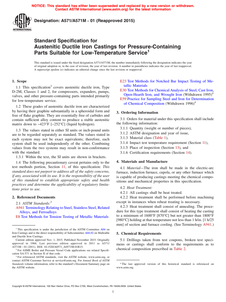 ASTM A571/A571M-01(2015) - Standard Specification for  Austenitic Ductile Iron Castings for Pressure-Containing Parts   Suitable for Low-Temperature Service