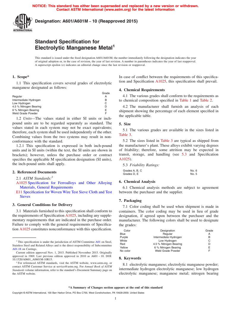 ASTM A601/A601M-10(2015) - Standard Specification for  Electrolytic Manganese Metal