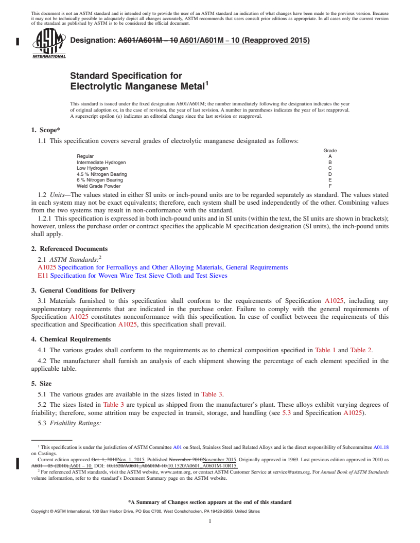 REDLINE ASTM A601/A601M-10(2015) - Standard Specification for  Electrolytic Manganese Metal