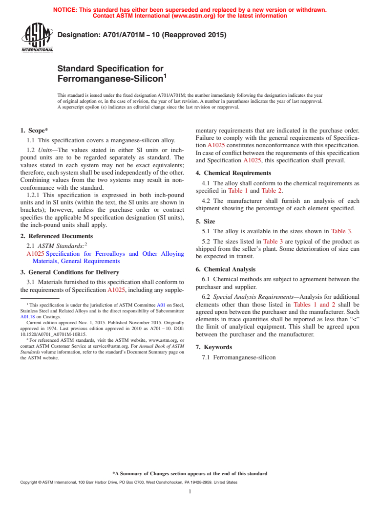 ASTM A701/A701M-10(2015) - Standard Specification for  Ferromanganese-Silicon