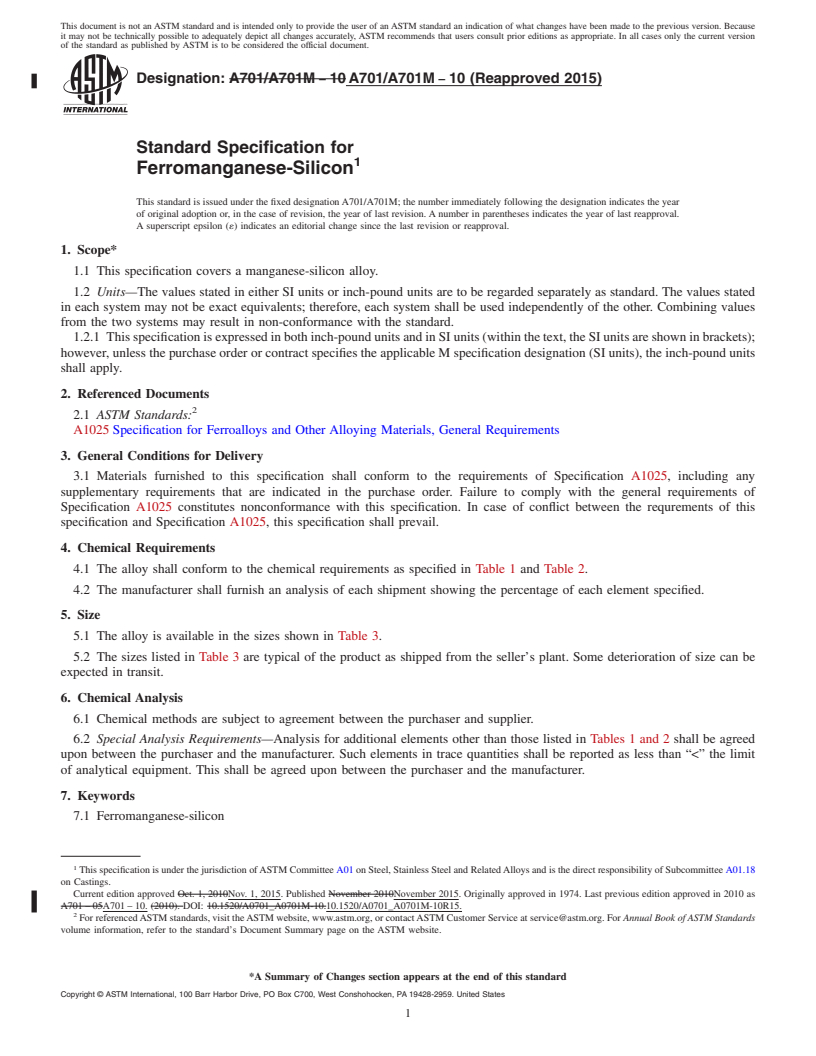 REDLINE ASTM A701/A701M-10(2015) - Standard Specification for  Ferromanganese-Silicon