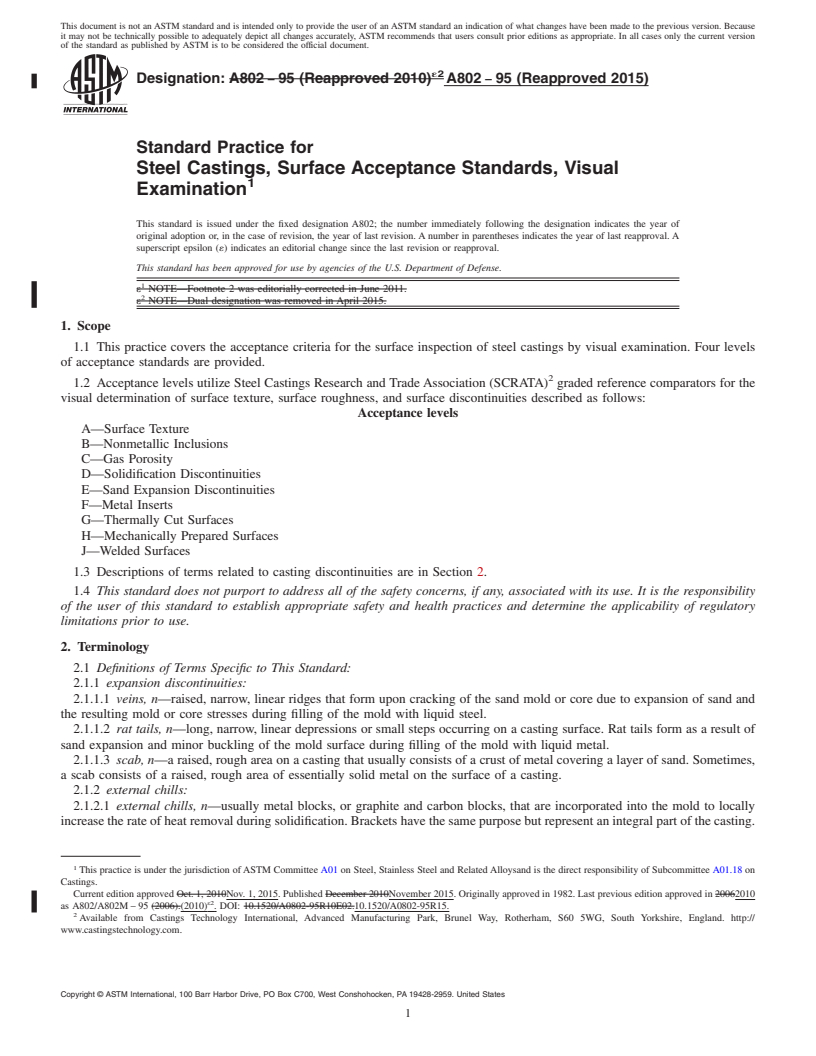 REDLINE ASTM A802-95(2015) - Standard Practice for  Steel Castings, Surface Acceptance Standards, Visual Examination