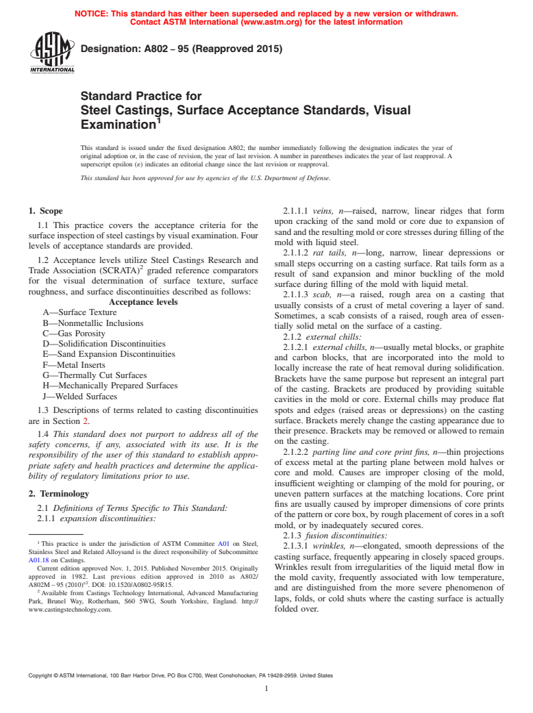 ASTM A802-95(2015) - Standard Practice for  Steel Castings, Surface Acceptance Standards, Visual Examination