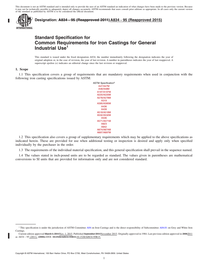 REDLINE ASTM A834-95(2015) - Standard Specification for  Common Requirements for Iron Castings for General Industrial   Use