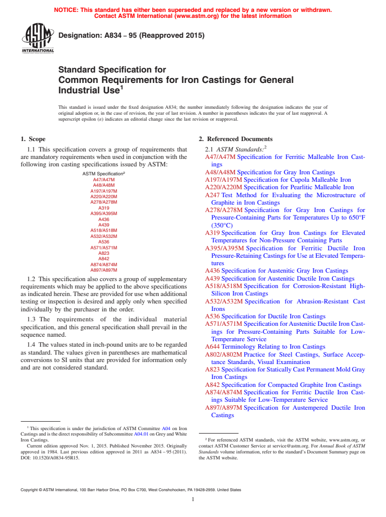 ASTM A834-95(2015) - Standard Specification for  Common Requirements for Iron Castings for General Industrial   Use