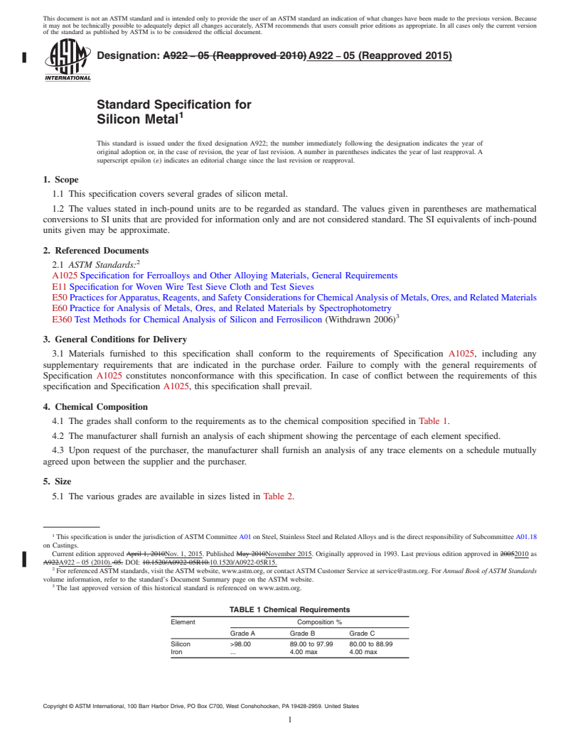 REDLINE ASTM A922-05(2015) - Standard Specification for  Silicon Metal