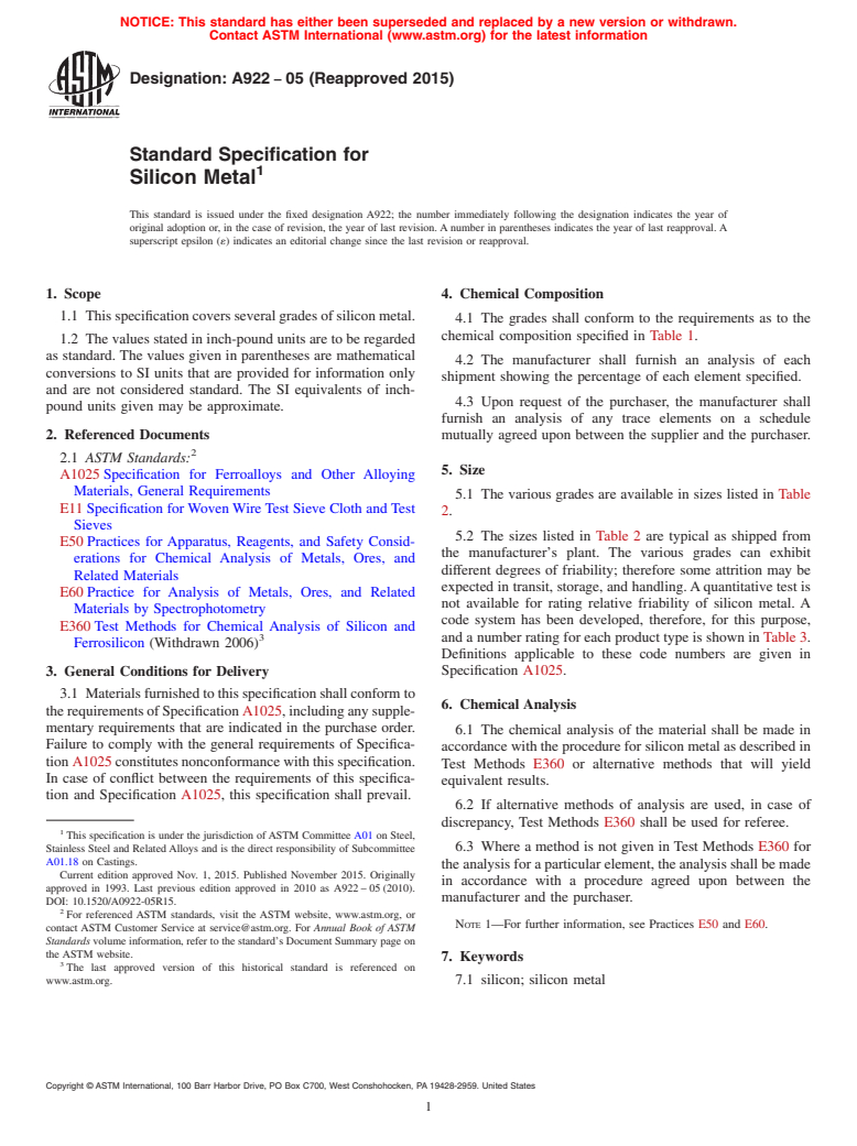 ASTM A922-05(2015) - Standard Specification for  Silicon Metal