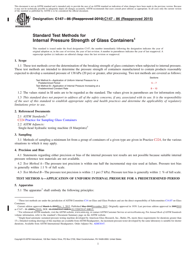 REDLINE ASTM C147-86(2015) - Standard Test Methods for  Internal Pressure Strength of Glass Containers