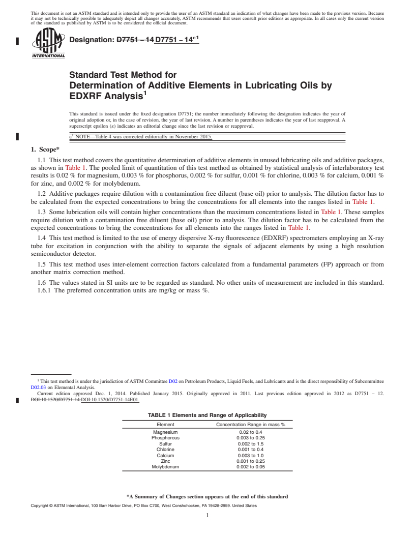 REDLINE ASTM D7751-14e1 - Standard Test Method for Determination of Additive Elements in Lubricating Oils by EDXRF  Analysis