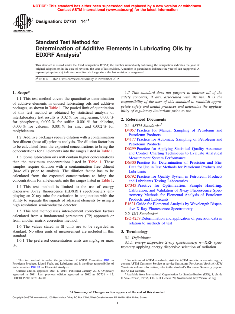 ASTM D7751-14e1 - Standard Test Method for Determination of Additive Elements in Lubricating Oils by EDXRF  Analysis