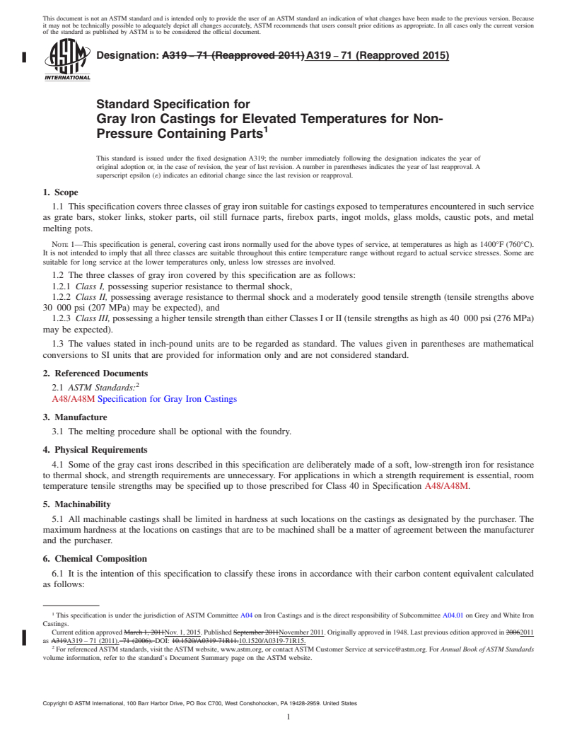 REDLINE ASTM A319-71(2015) - Standard Specification for  Gray Iron Castings for Elevated Temperatures for Non-Pressure   Containing Parts