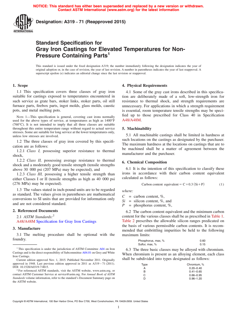 ASTM A319-71(2015) - Standard Specification for  Gray Iron Castings for Elevated Temperatures for Non-Pressure   Containing Parts