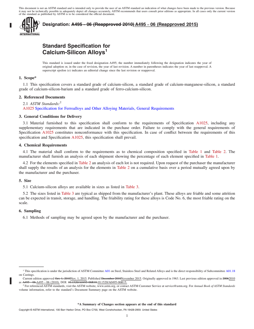 REDLINE ASTM A495-06(2015) - Standard Specification for  Calcium-Silicon Alloys