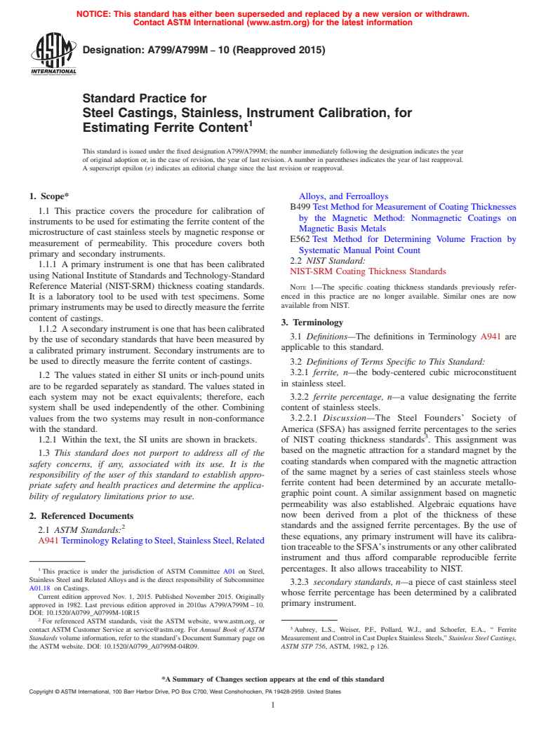 ASTM A799/A799M-10(2015) - Standard Practice for  Steel Castings, Stainless, Instrument Calibration, for Estimating   Ferrite Content