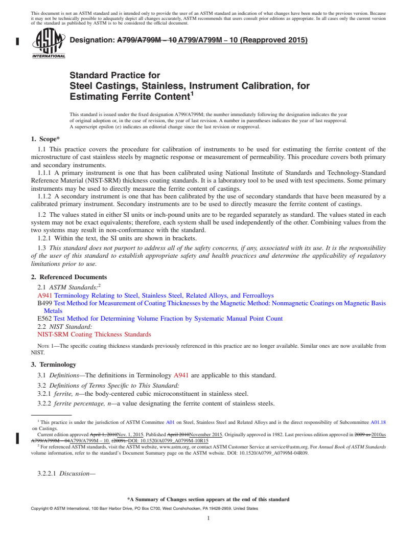 REDLINE ASTM A799/A799M-10(2015) - Standard Practice for  Steel Castings, Stainless, Instrument Calibration, for Estimating   Ferrite Content