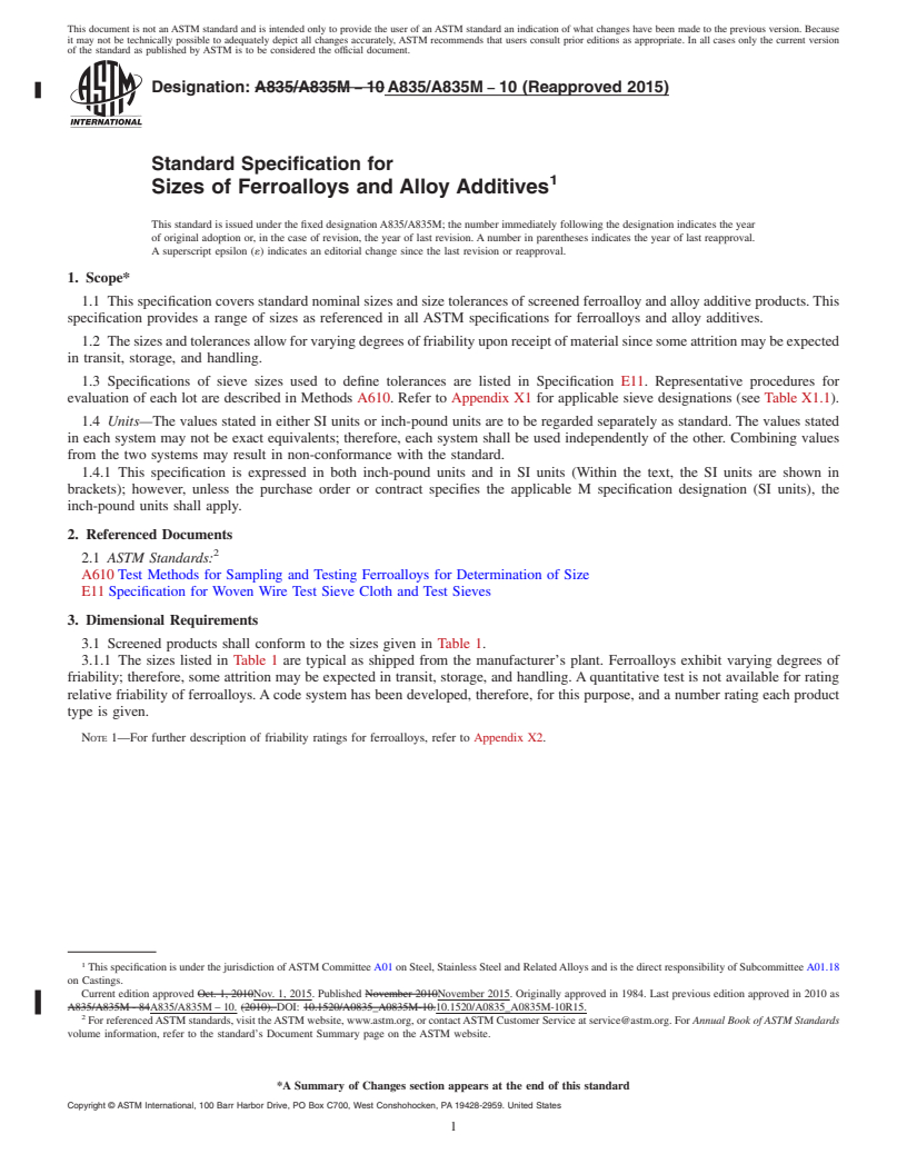 REDLINE ASTM A835/A835M-10(2015) - Standard Specification for  Sizes of Ferroalloys and Alloy Additives