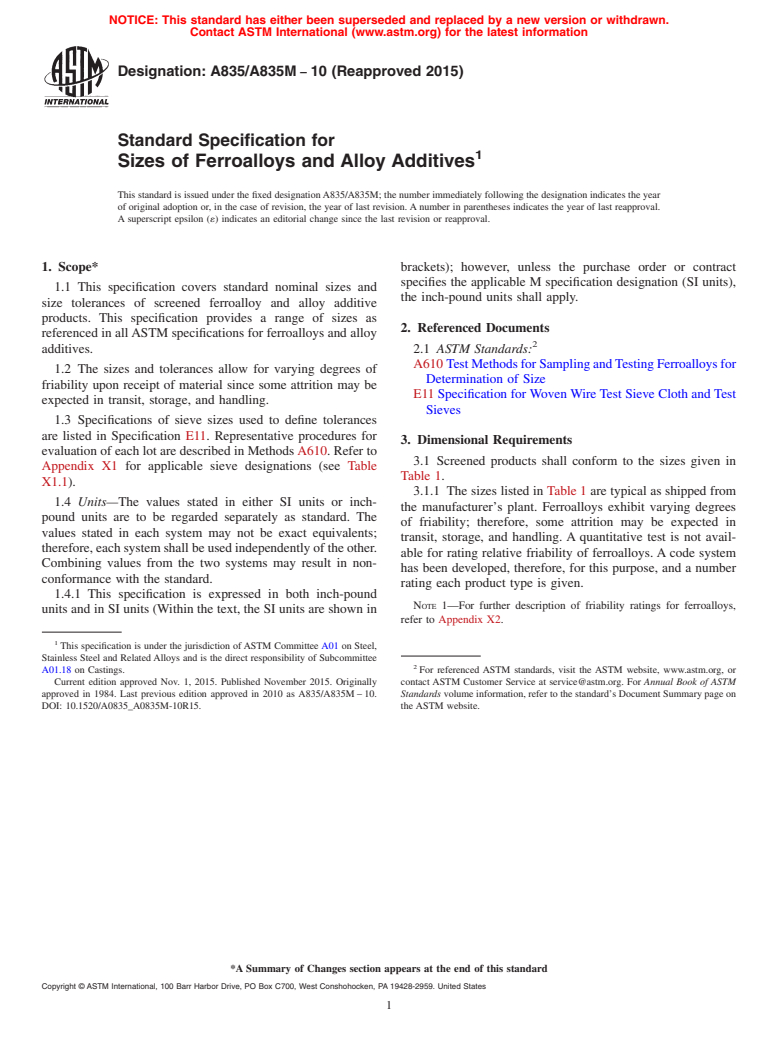 ASTM A835/A835M-10(2015) - Standard Specification for  Sizes of Ferroalloys and Alloy Additives