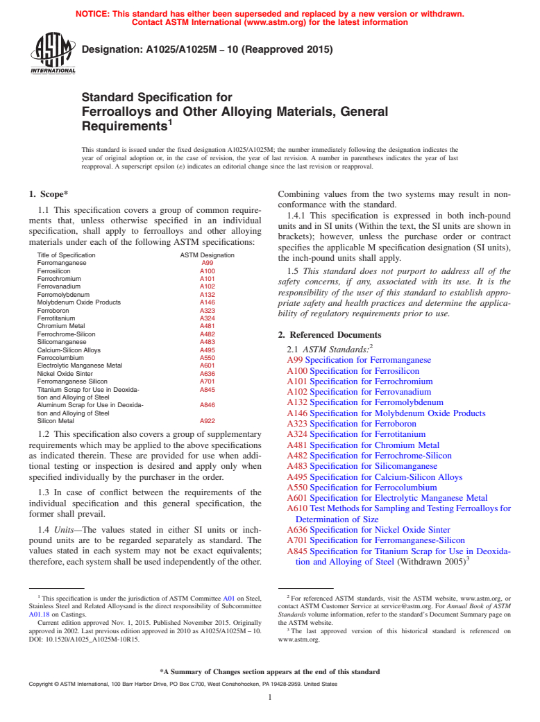 ASTM A1025/A1025M-10(2015) - Standard Specification for  Ferroalloys and Other Alloying Materials, General Requirements