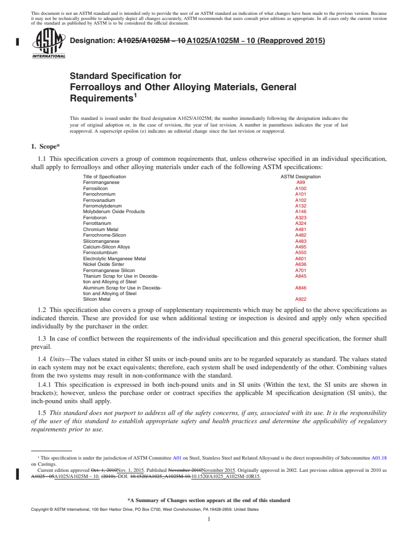 REDLINE ASTM A1025/A1025M-10(2015) - Standard Specification for  Ferroalloys and Other Alloying Materials, General Requirements