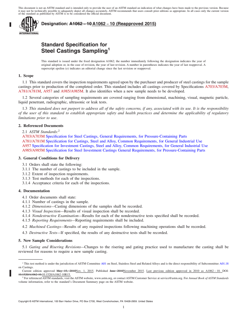 REDLINE ASTM A1062-10(2015) - Standard Specification for  Steel Castings Sampling