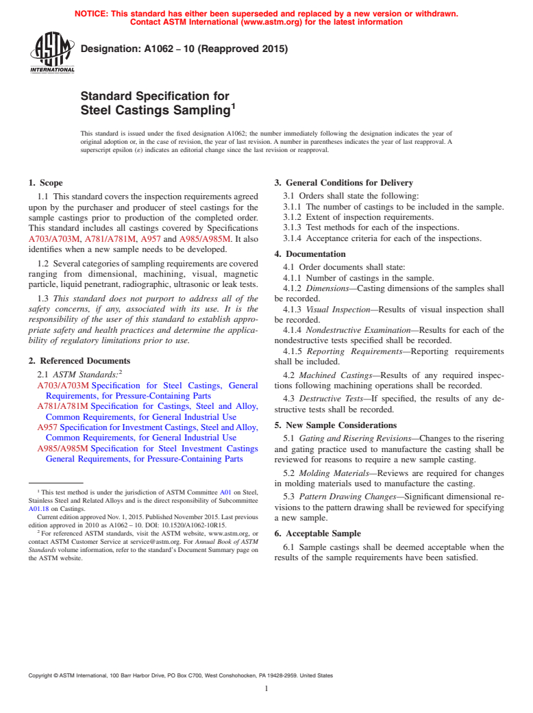 ASTM A1062-10(2015) - Standard Specification for  Steel Castings Sampling