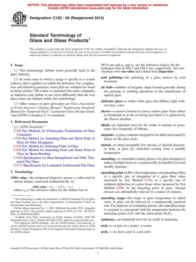 ASTM C162-05(2015) - Standard Terminology of<brk type="line"/>  Glass and Glass Products