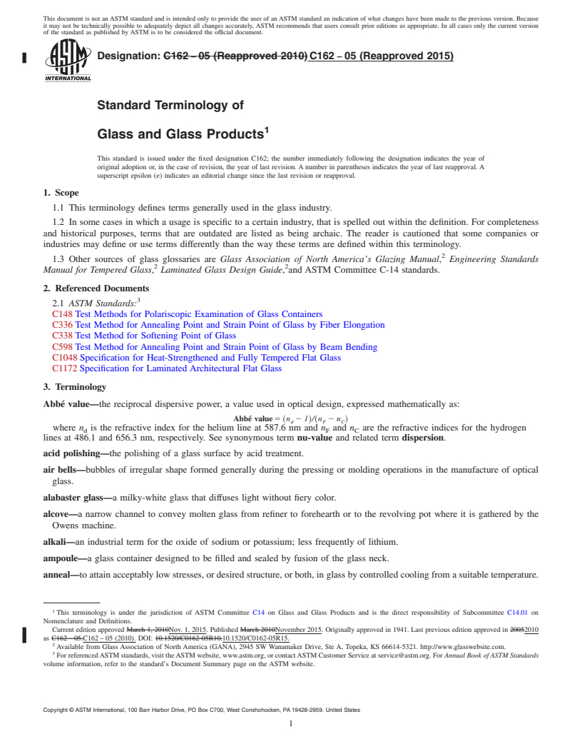 REDLINE ASTM C162-05(2015) - Standard Terminology of<brk type="line"/>  Glass and Glass Products