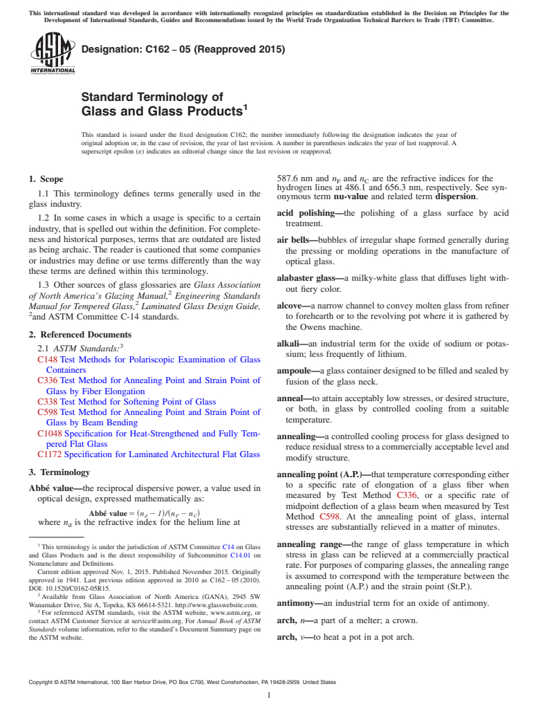 ASTM C162-05(2015) - Standard Terminology of<brk type="line"/>  Glass and Glass Products