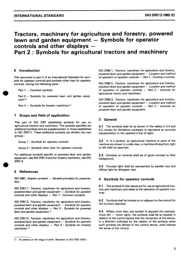 ISO 3767-2:1982 - Tractors, machinery for agriculture and forestry, powered lawn and garden equipment -- Symbols for operator controls and other displays