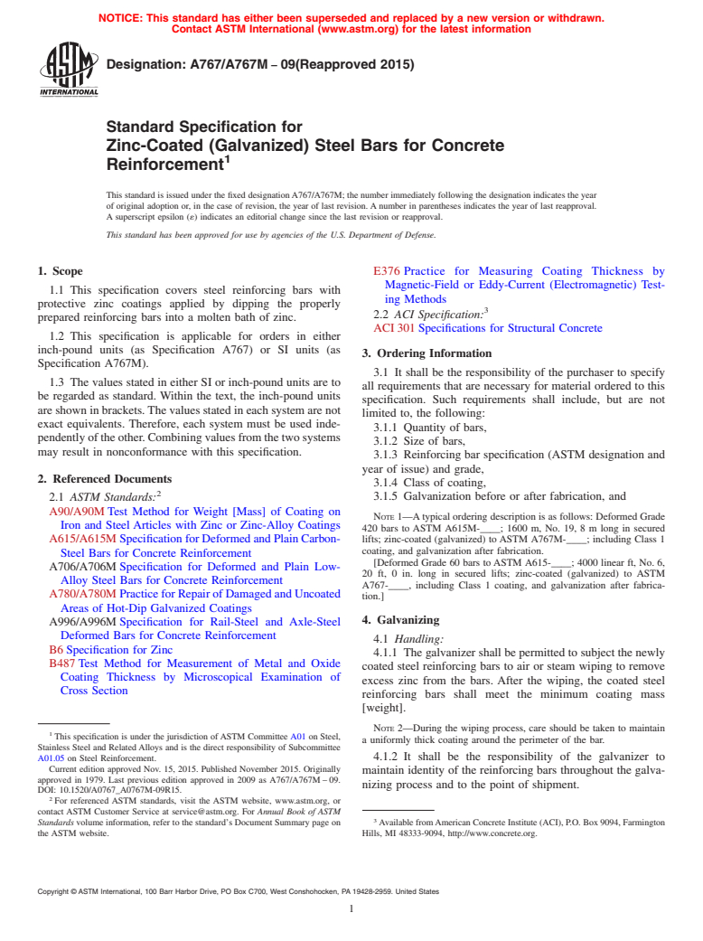 ASTM A767/A767M-09(2015) - Standard Specification for  Zinc-Coated (Galvanized) Steel Bars for Concrete Reinforcement