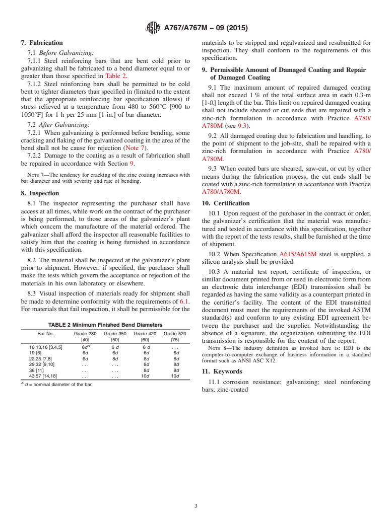 ASTM A767/A767M-09(2015) - Standard Specification for  Zinc-Coated (Galvanized) Steel Bars for Concrete Reinforcement