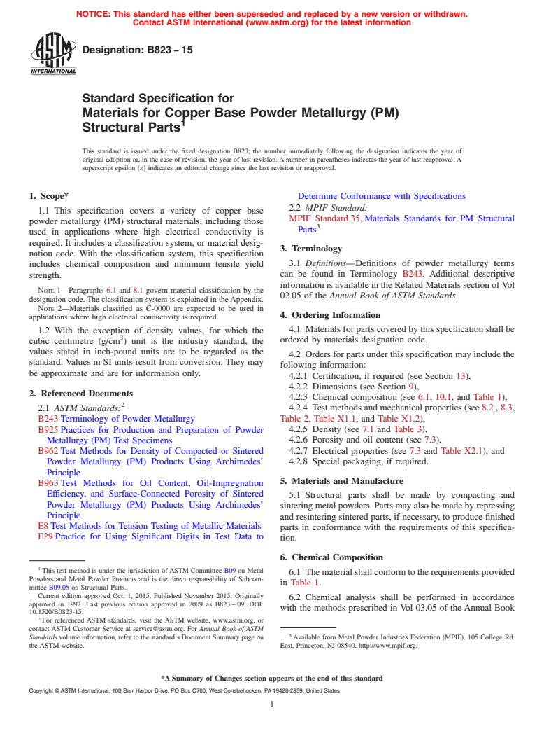 ASTM B823-15 - Standard Specification for  Materials for Copper Base Powder Metallurgy (PM) Structural    Parts