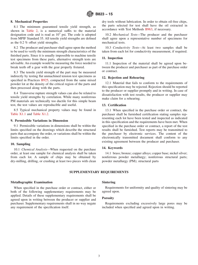 ASTM B823-15 - Standard Specification for  Materials for Copper Base Powder Metallurgy (PM) Structural    Parts