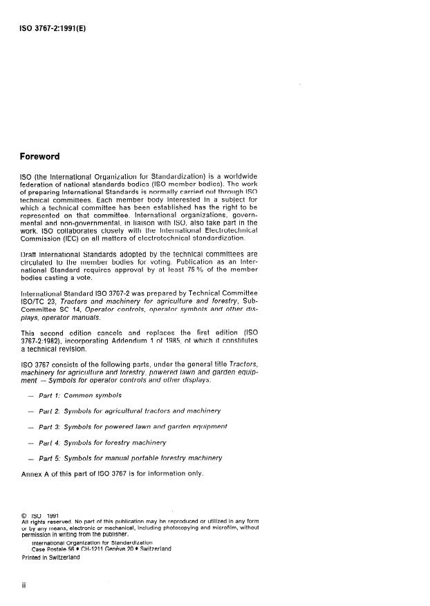 ISO 3767-2:1991 ISO 3767-2:1991 - Tractors, machinery for agriculture and forestry, powered lawn and garden equipment -- Symbols for operator controls and other displays - Page 2 preview