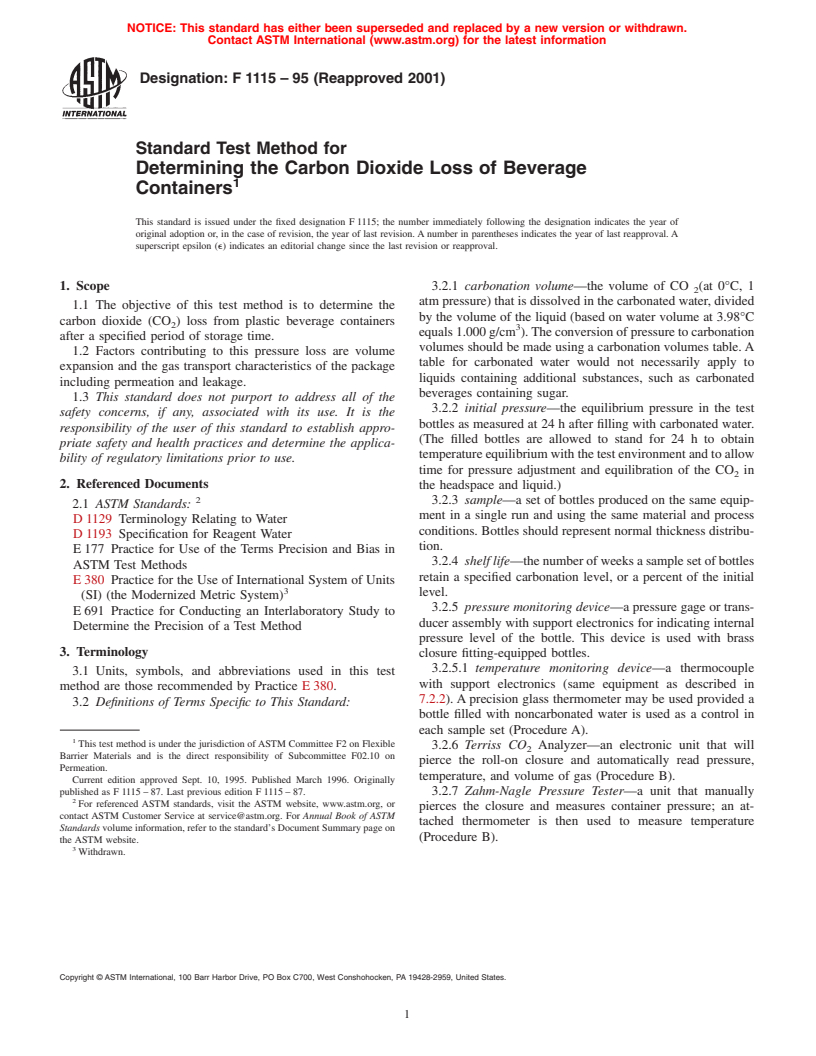 ASTM F1115-95(2001) - Standard Test Method for Determining the Carbon Dioxide Loss of Beverage Containers